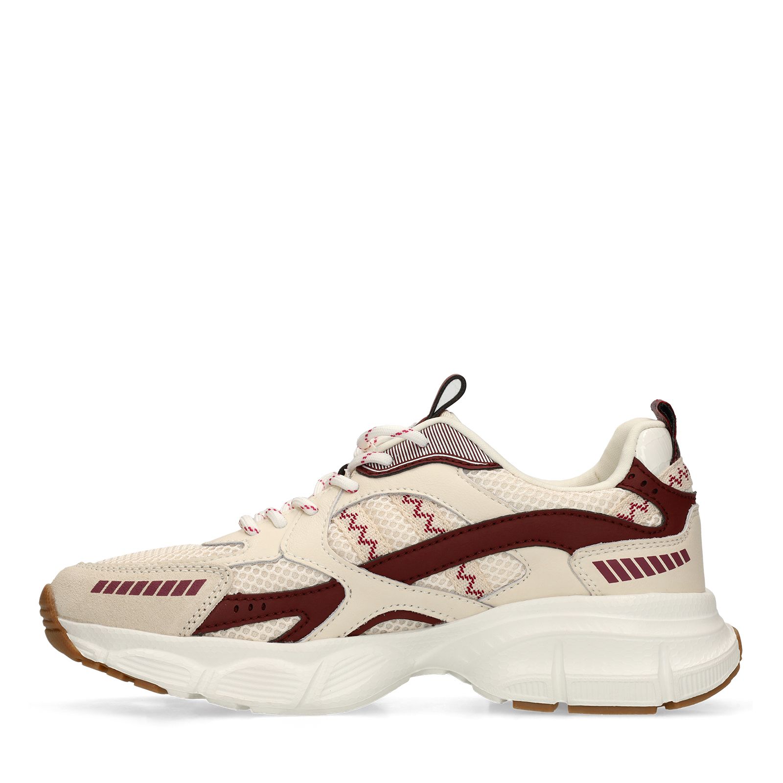 Beigefarbene Mesh-Sneaker mit bordeauxroten Details