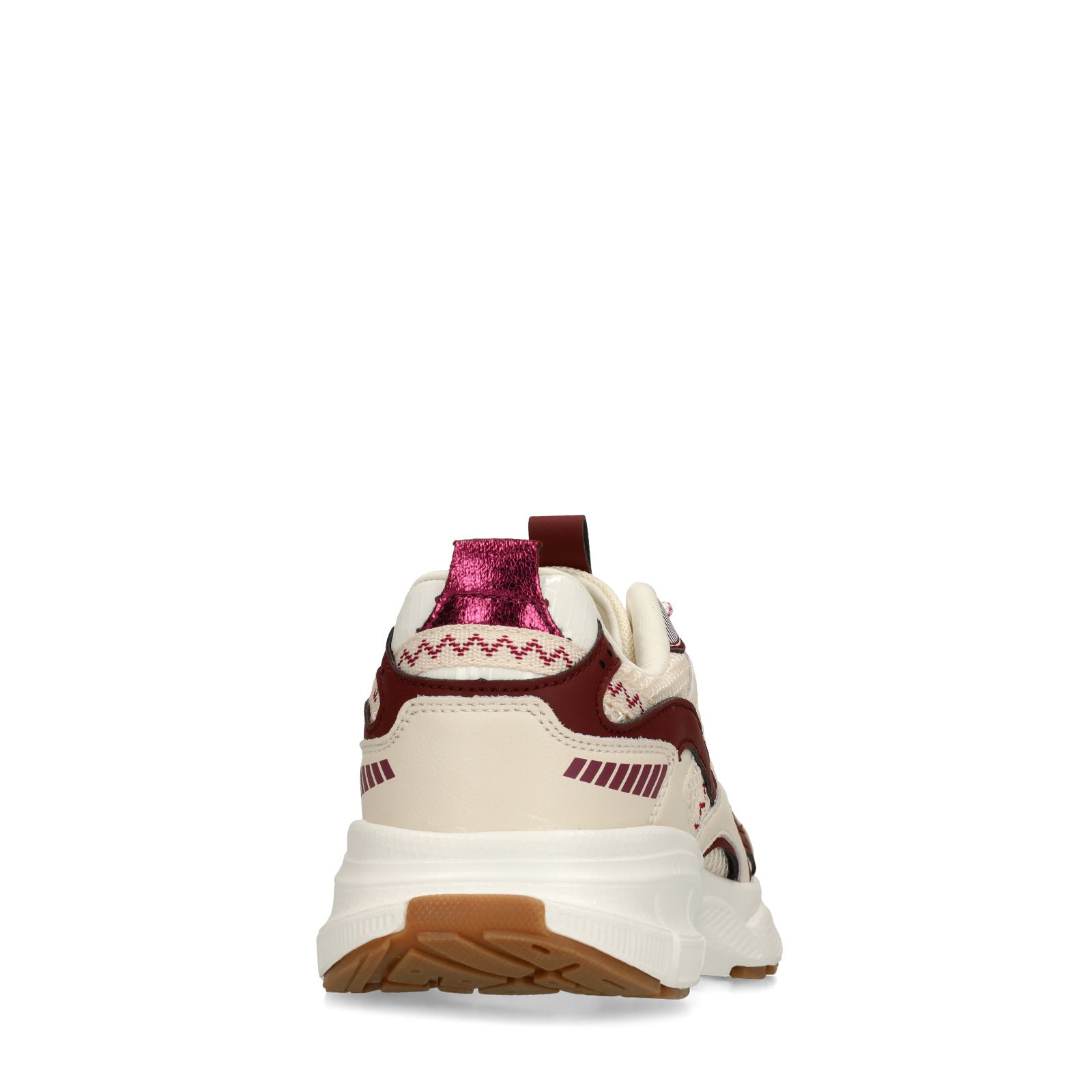 Beigefarbene Mesh-Sneaker mit bordeauxroten Details