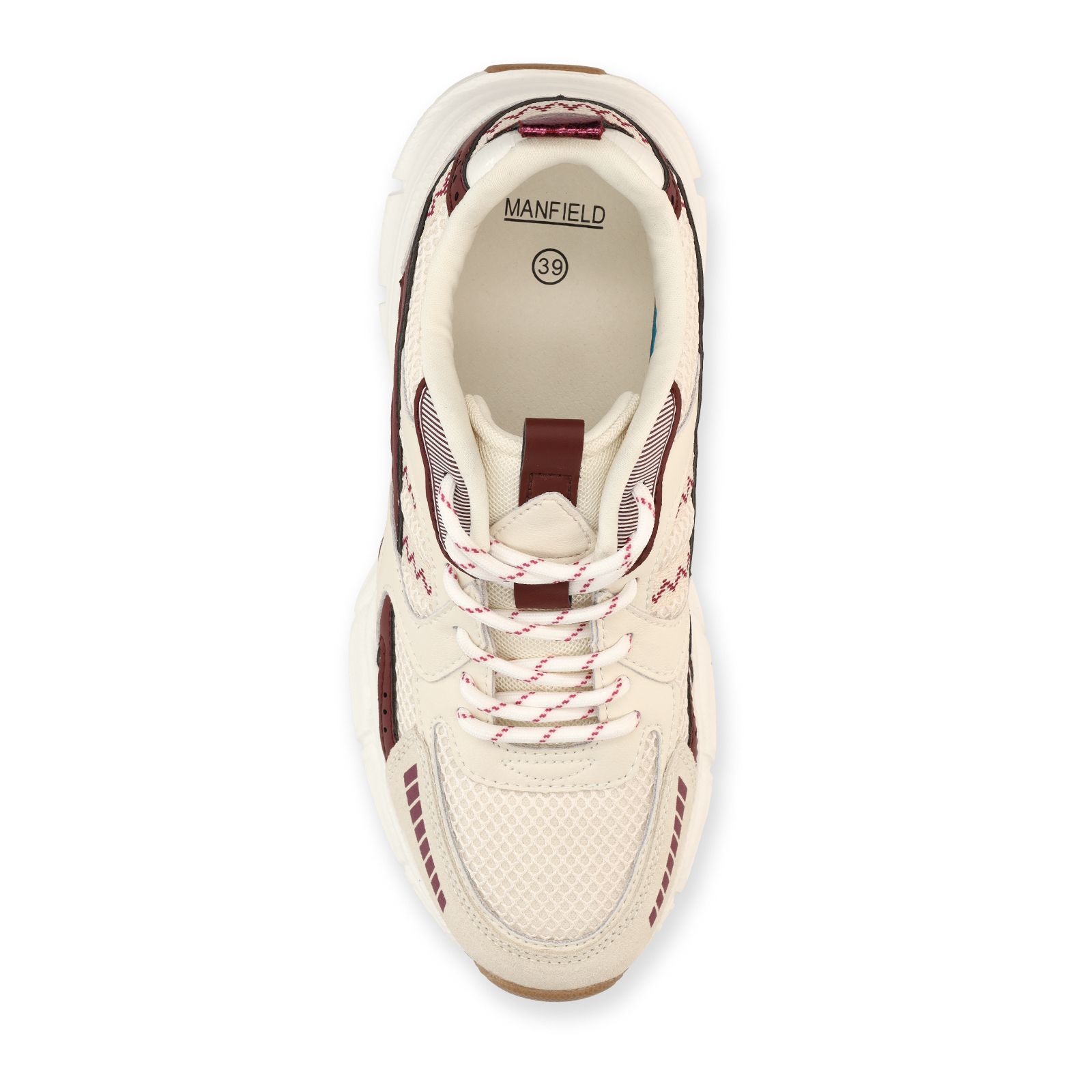Beigefarbene Mesh-Sneaker mit bordeauxroten Details