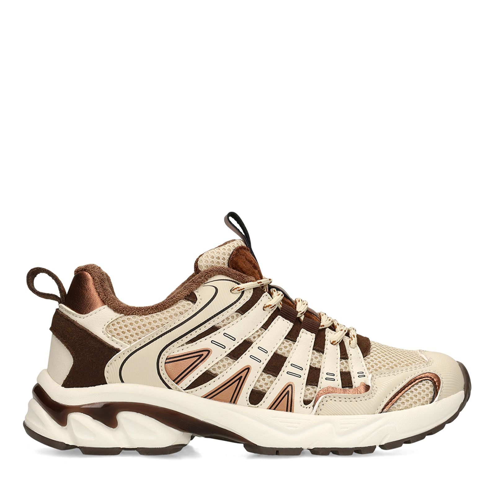 Beigefarbene Mesh-Sneaker mit braunen Details