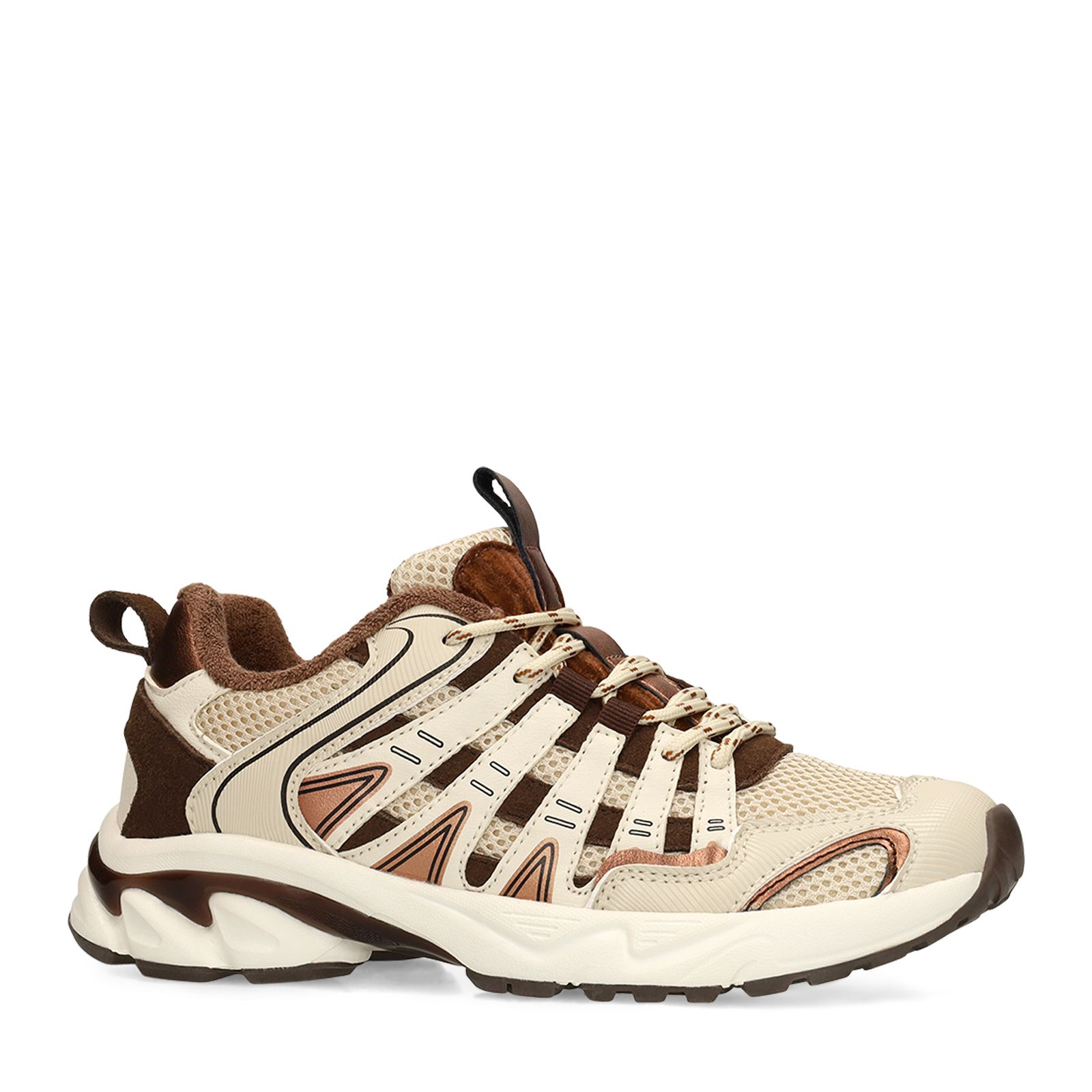 Beigefarbene Mesh-Sneaker mit braunen Details