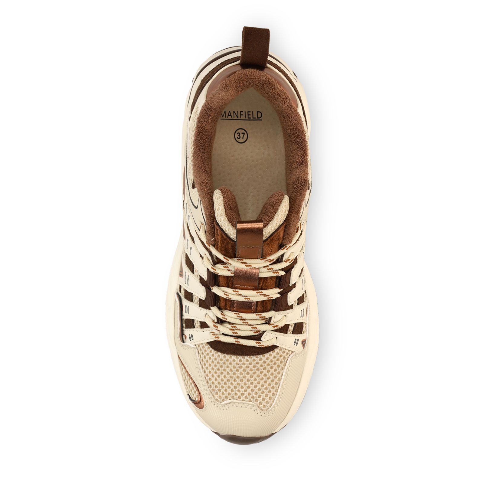 Beige mesh sneakers met bruine details