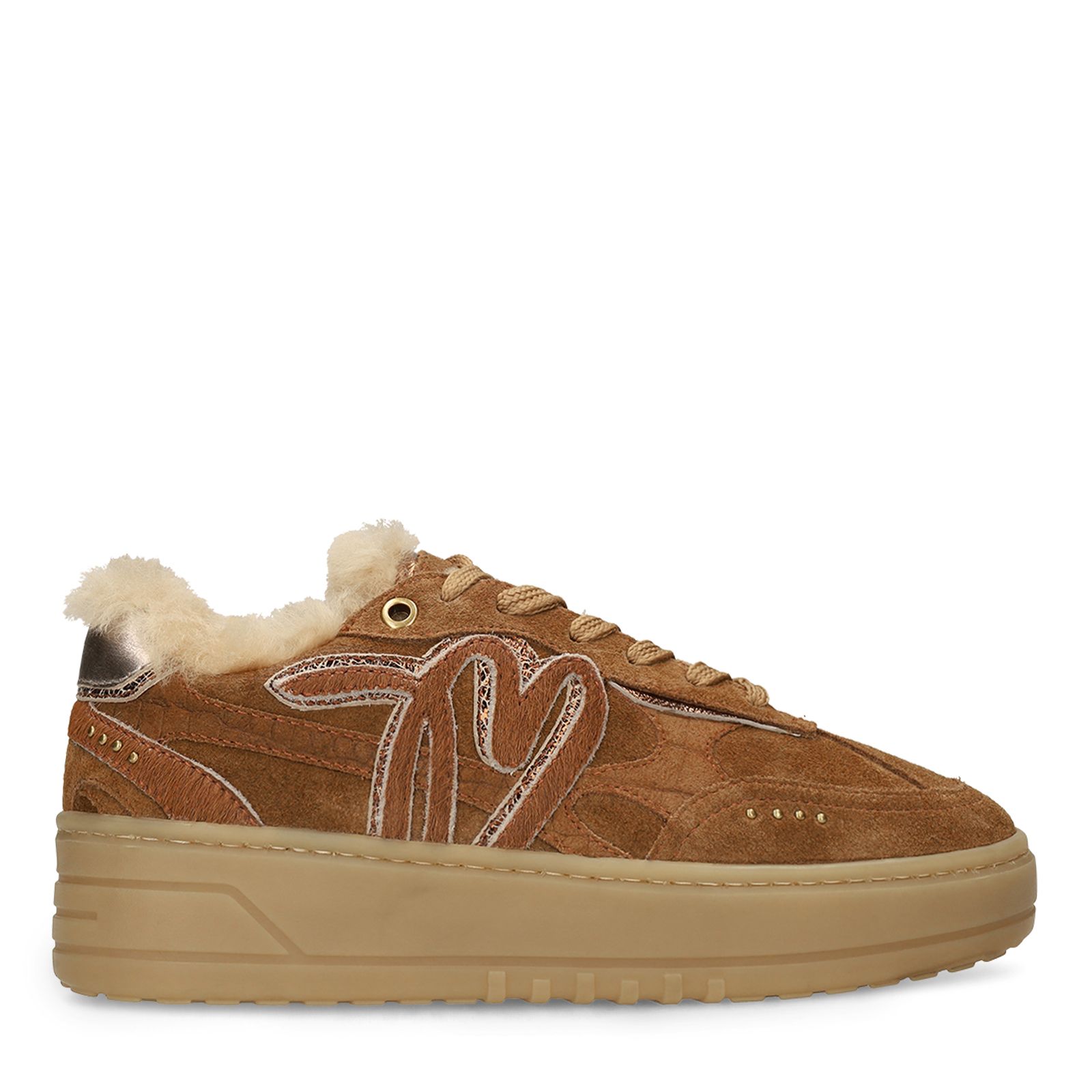 Beige suède sneakers met bontvoering
