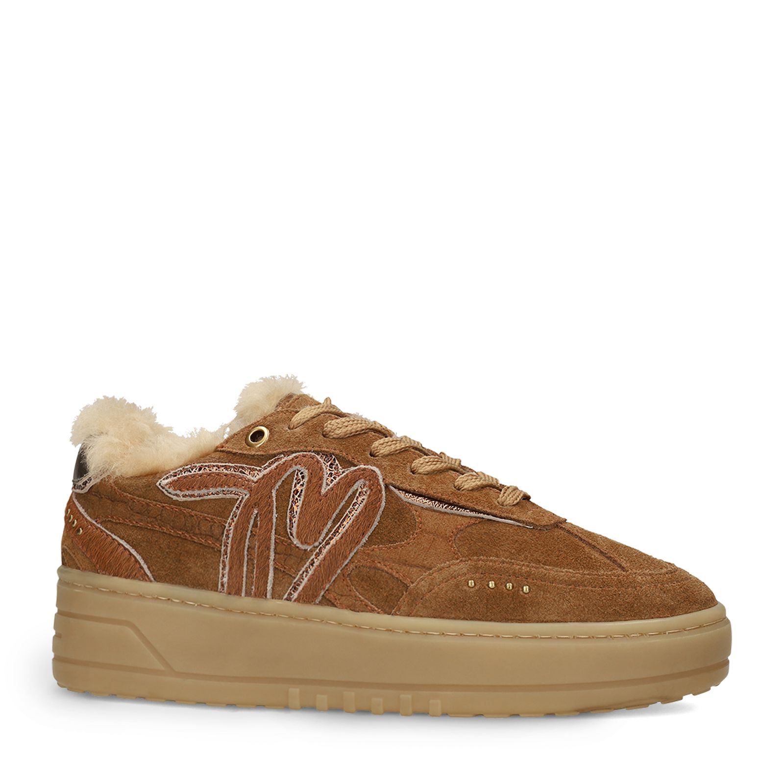 Beige suède sneakers met bontvoering