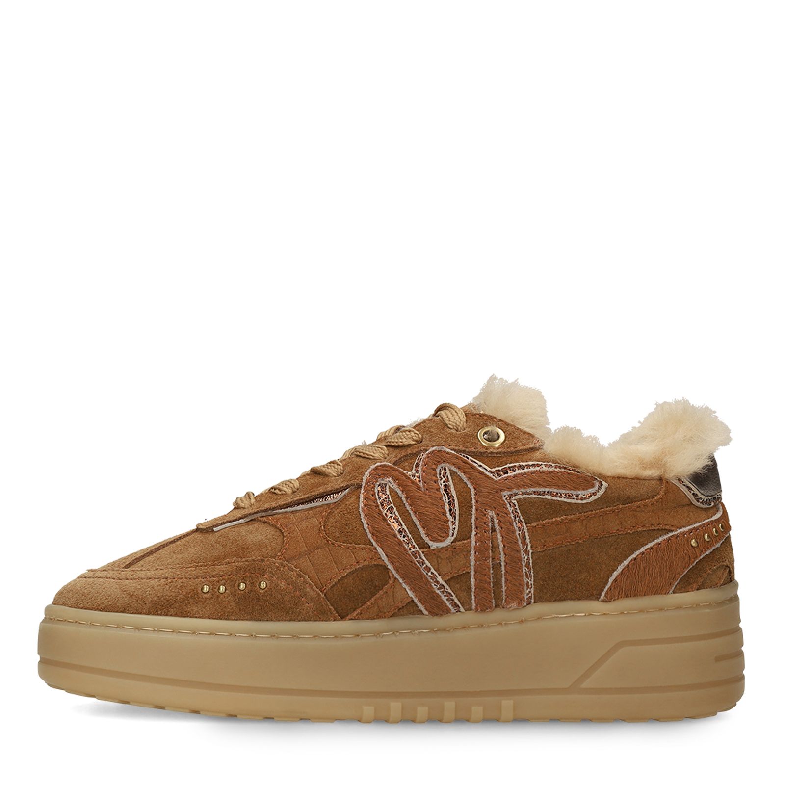 Beige suède sneakers met bontvoering
