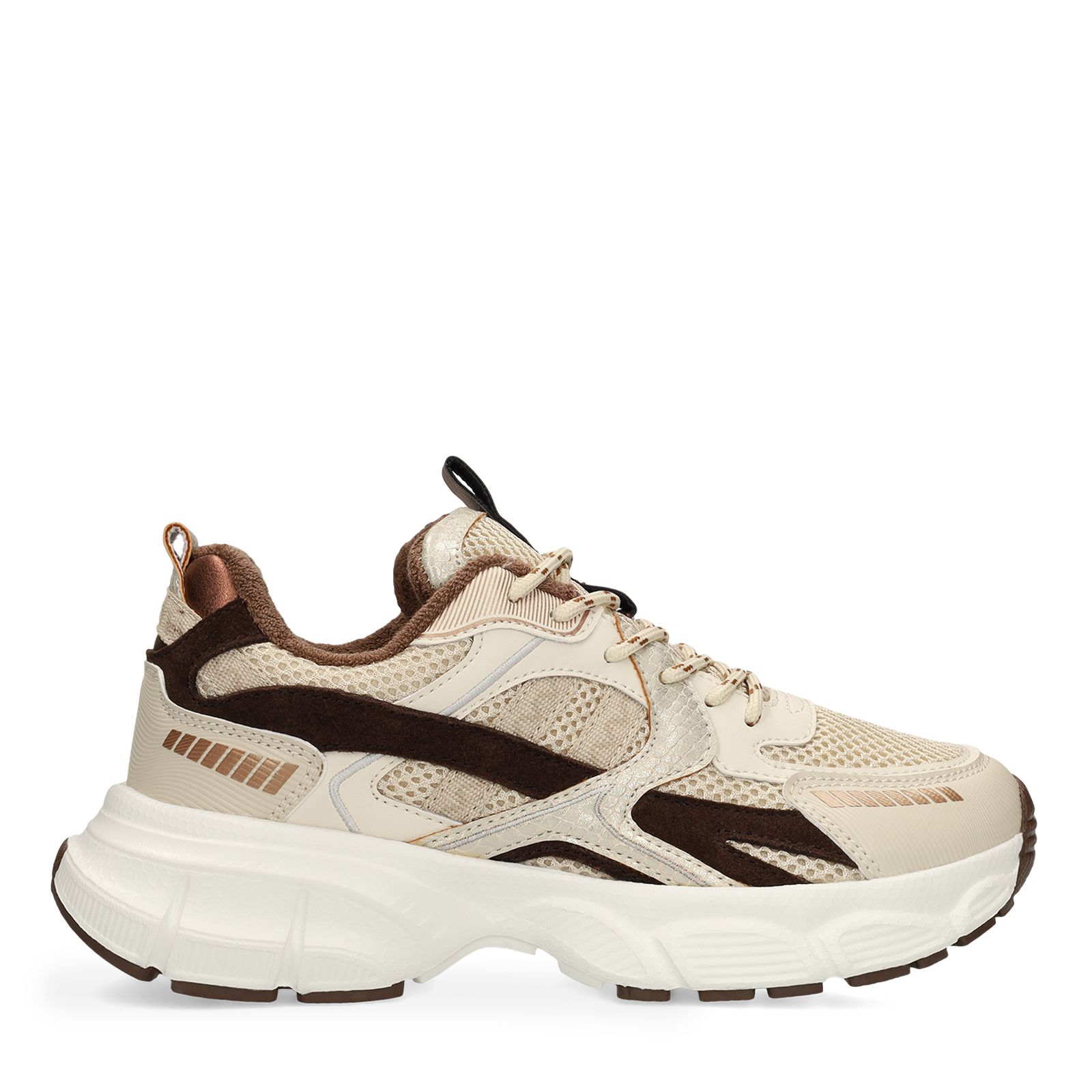 Beigefarbene Mesh-Sneaker mit braunen Details