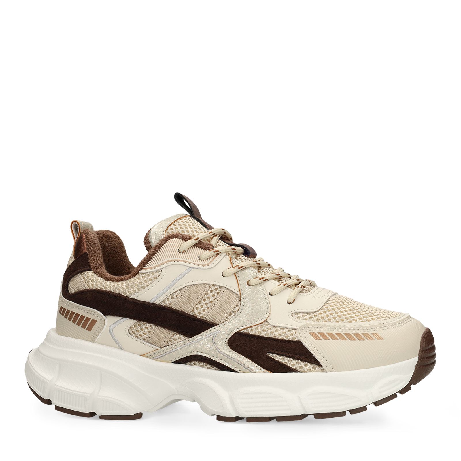 Beigefarbene Mesh-Sneaker mit braunen Details