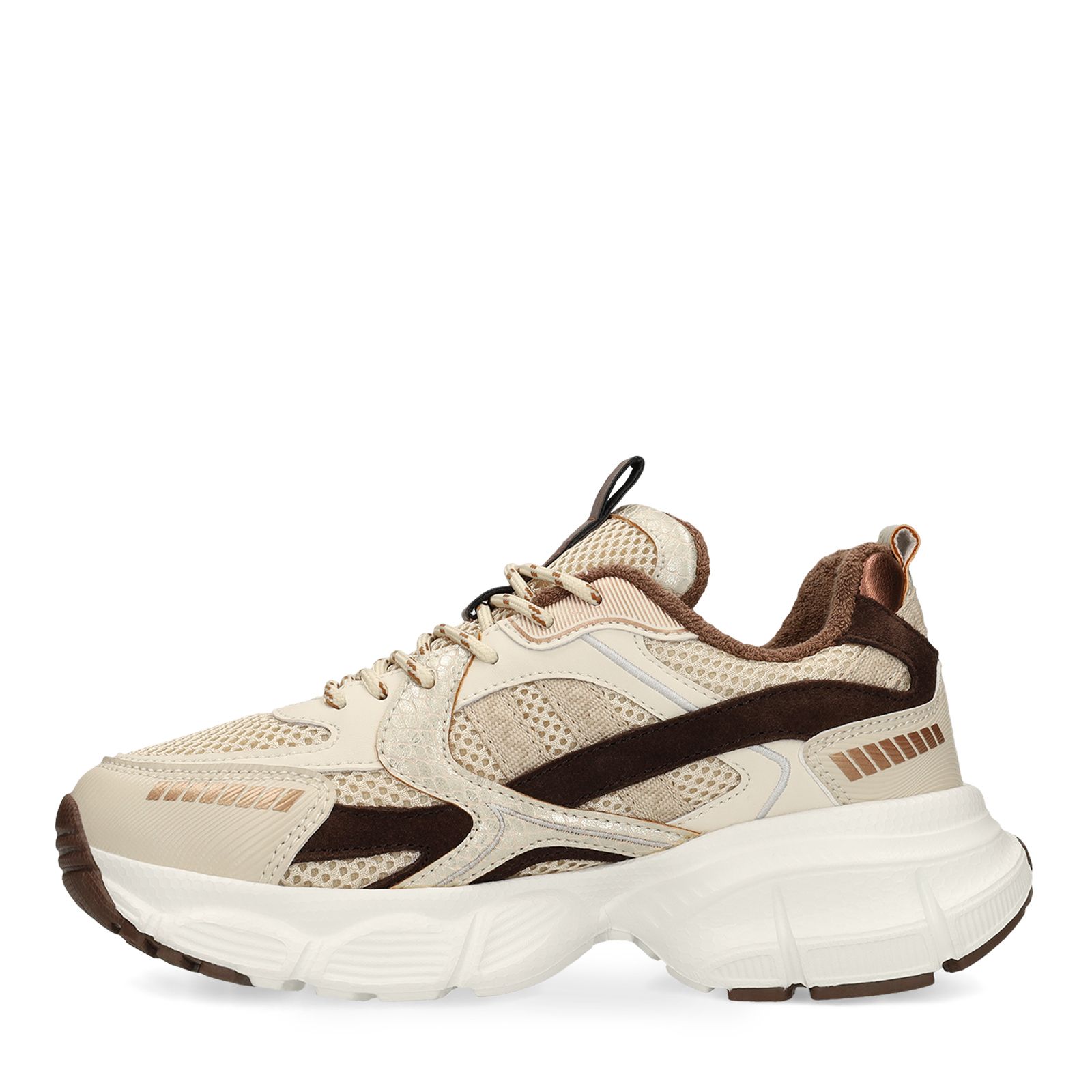 Beigefarbene Mesh-Sneaker mit braunen Details