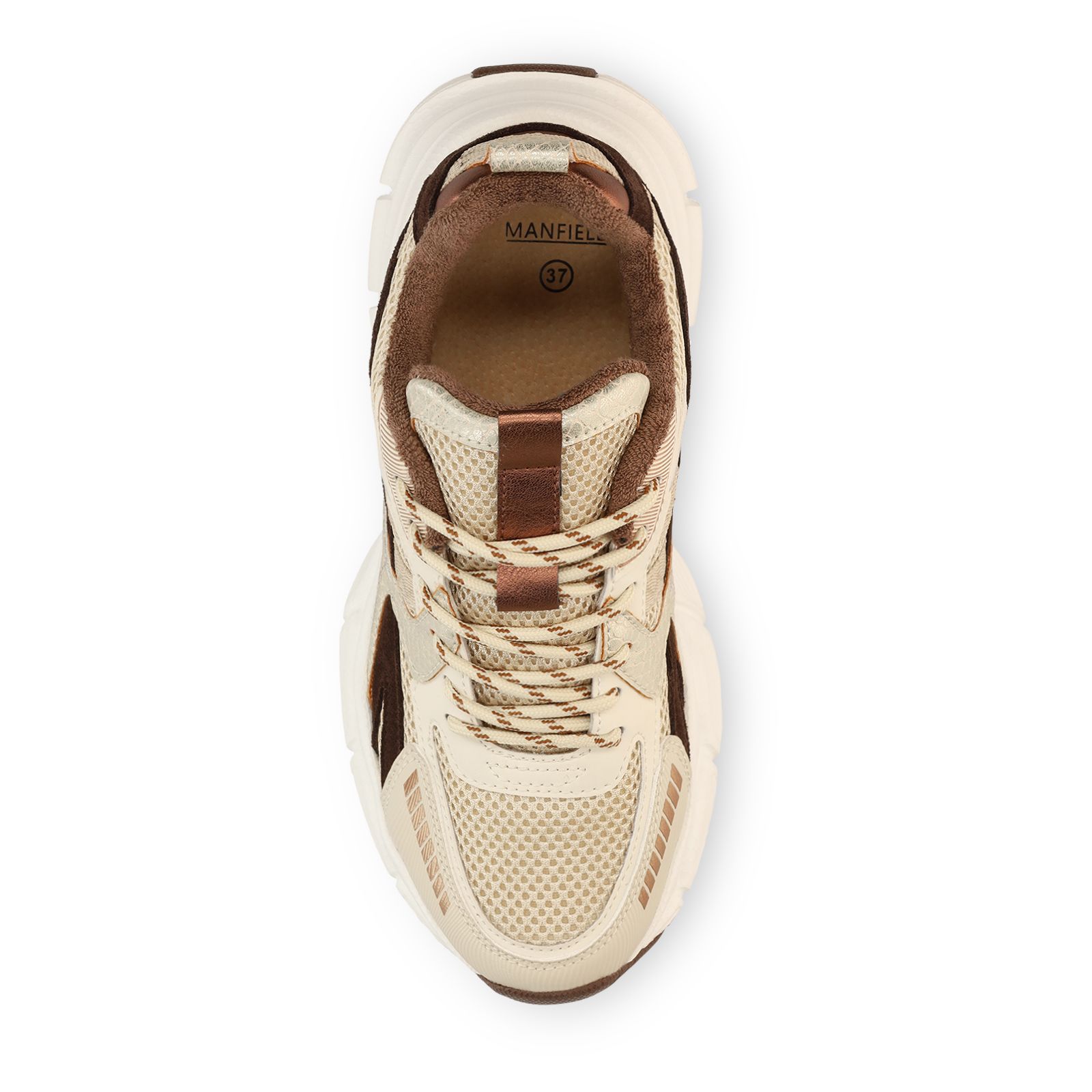 Beigefarbene Mesh-Sneaker mit braunen Details