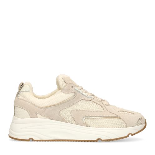 Beigefarbene Veloursleder-Sneaker mit Mesh-Details