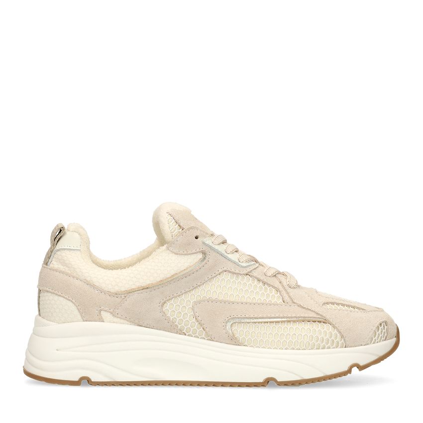 Beigefarbene Veloursleder-Sneaker mit Mesh-Details