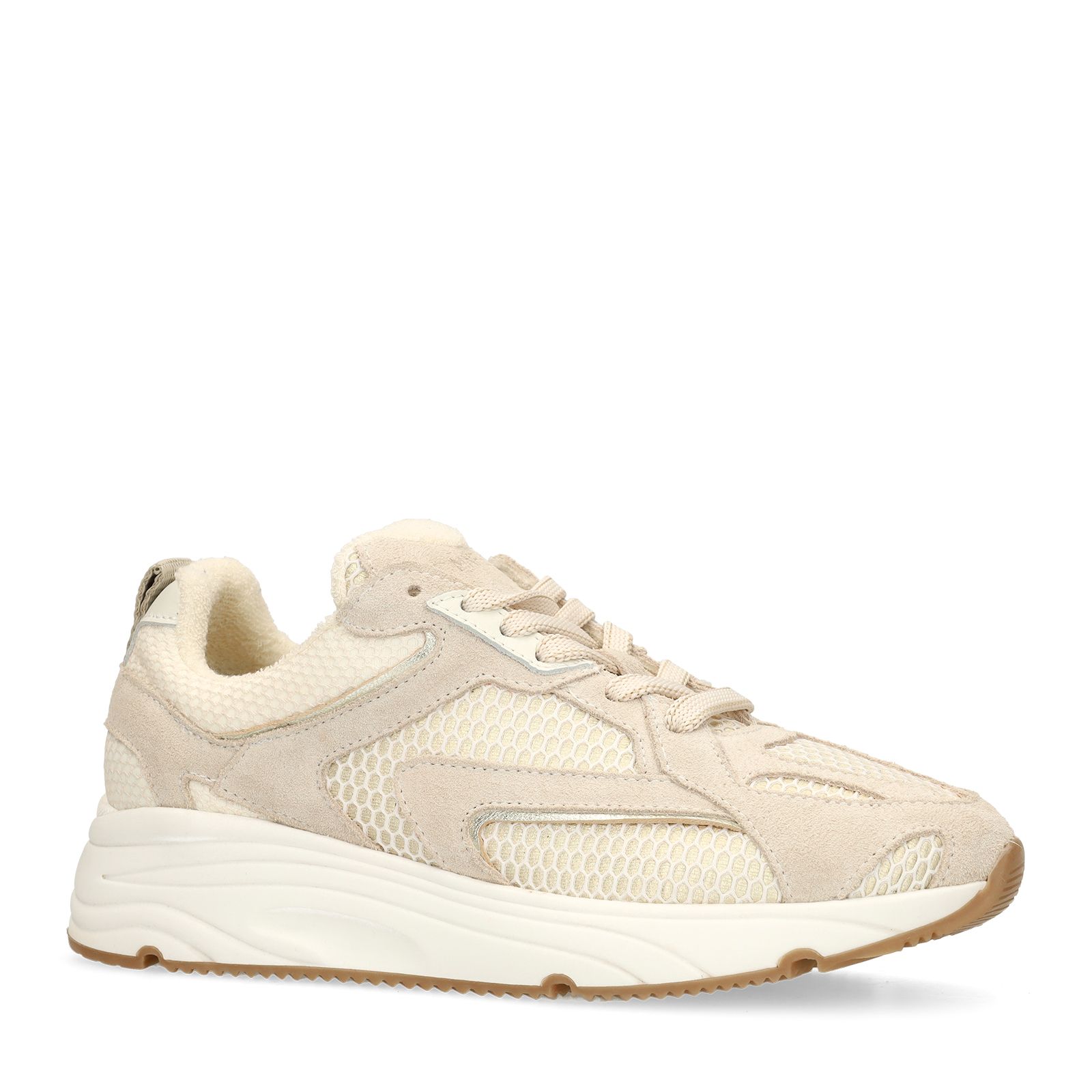 Beige suède sneakers met mesh details