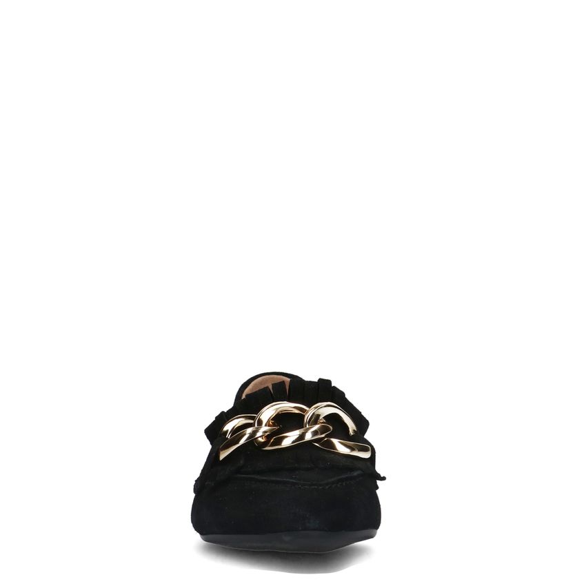 Schwarze Veloursleder-Loafer mit goldfarbener Kette