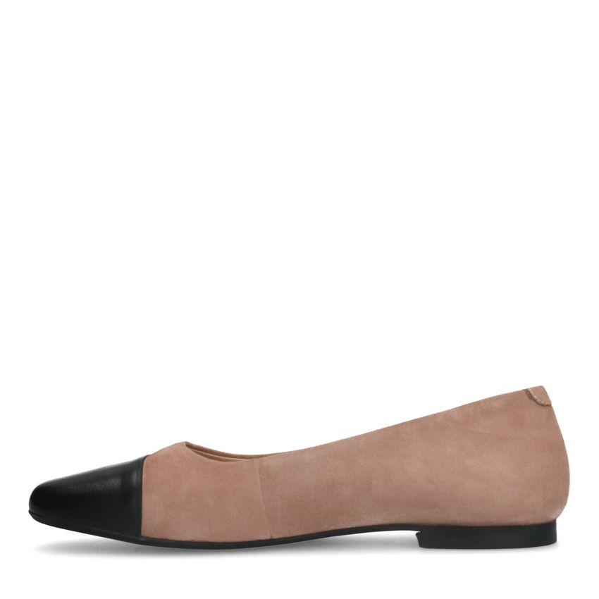 Beige suède ballerina's met zwarte neus