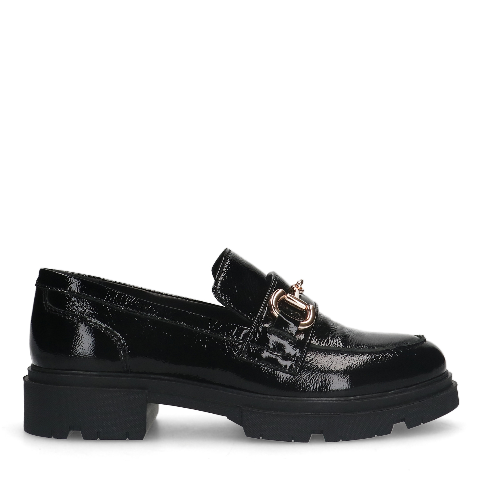 Schwarze Lackleder-Loafer mit goldfarbener Kette Slipper