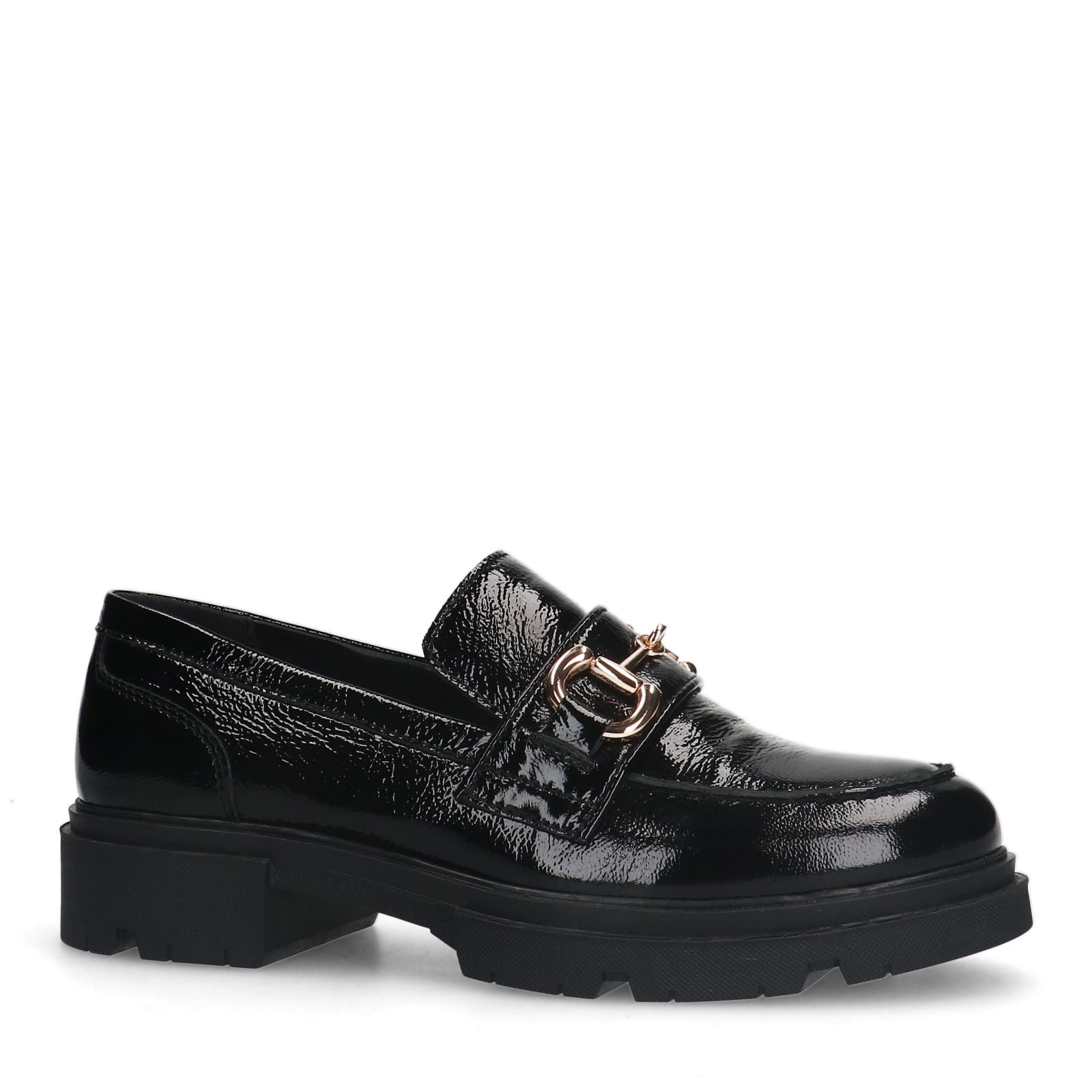 Zwarte lakleren loafers met gouden chain
