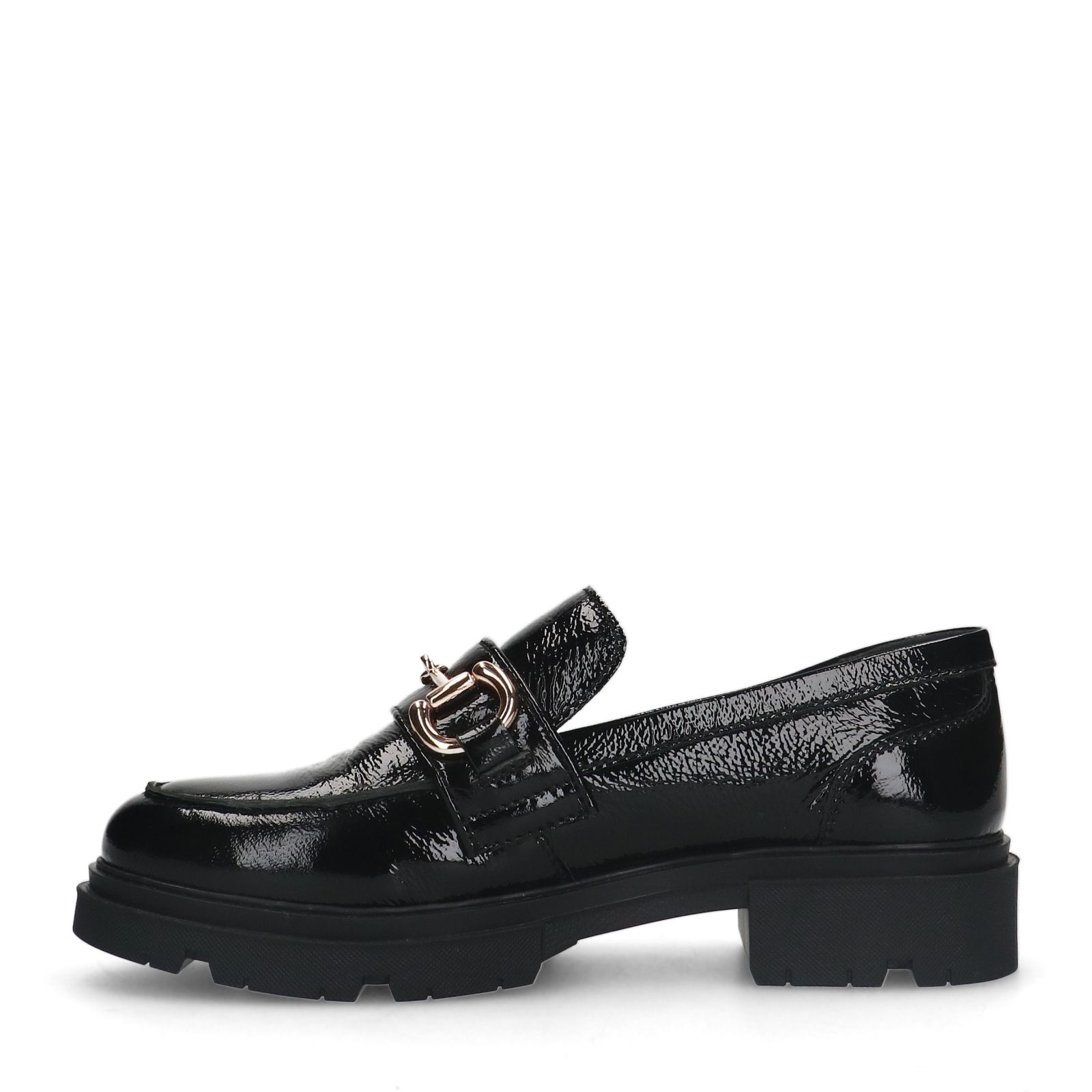 Zwarte lakleren loafers met gouden chain