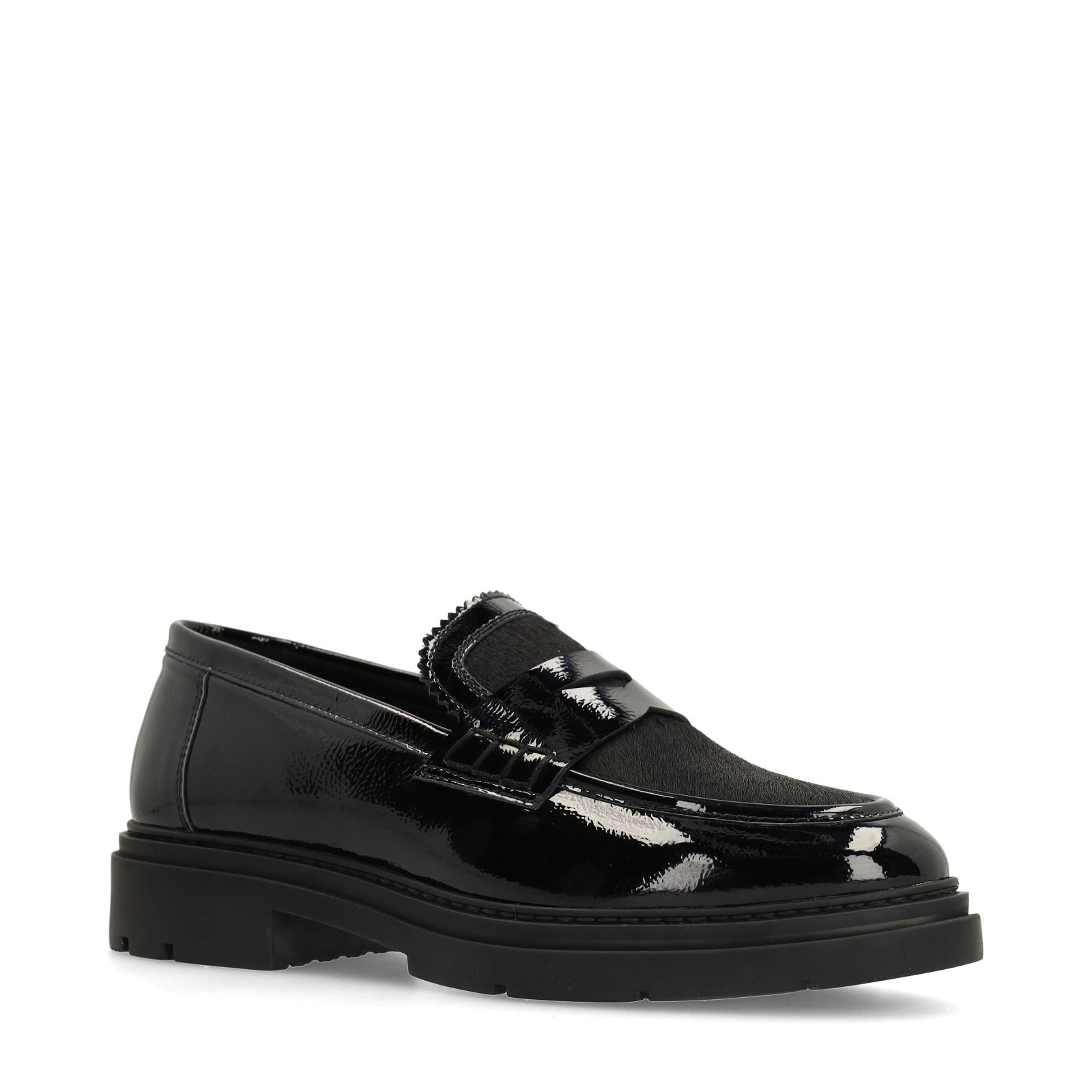 Zwarte lakleren loafers met ponyhair