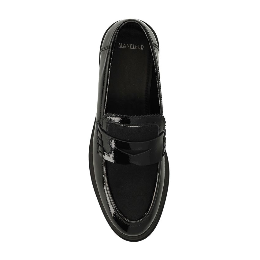 Zwarte lakleren loafers met ponyhair