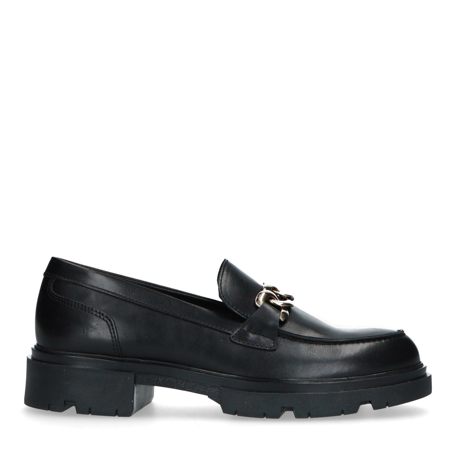 Zwart leren loafers met goudkleurige chain