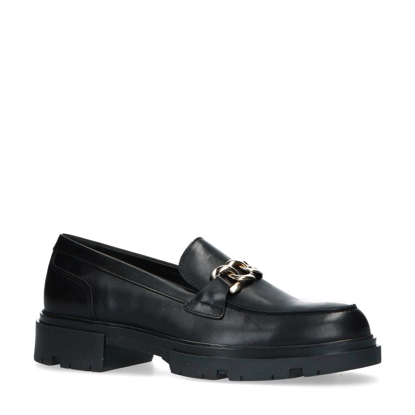 Zwart leren loafers met goudkleurige chain