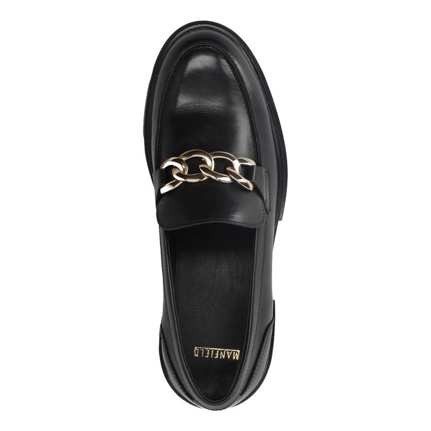 Zwart leren loafers met goudkleurige chain