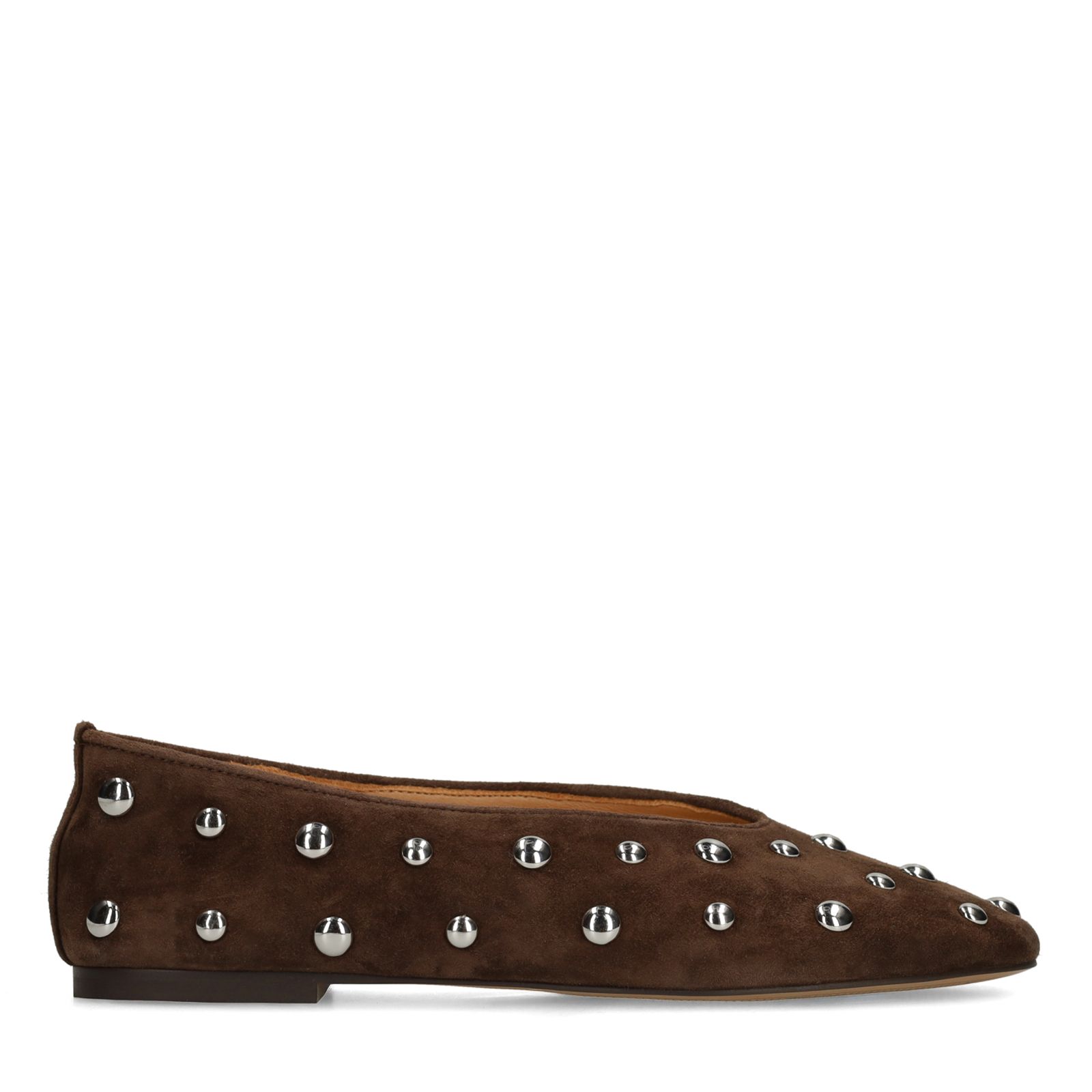 Donkerbruine suède ballerina's met zilveren studs