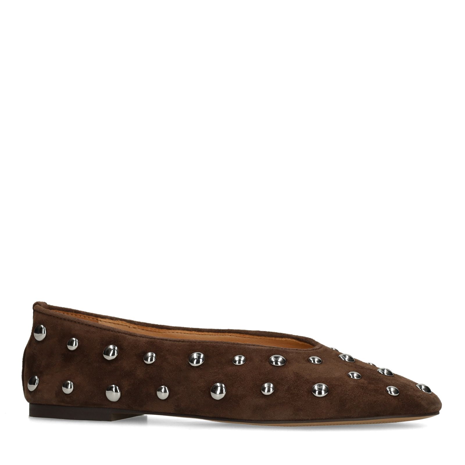 Donkerbruine suède ballerina's met zilveren studs