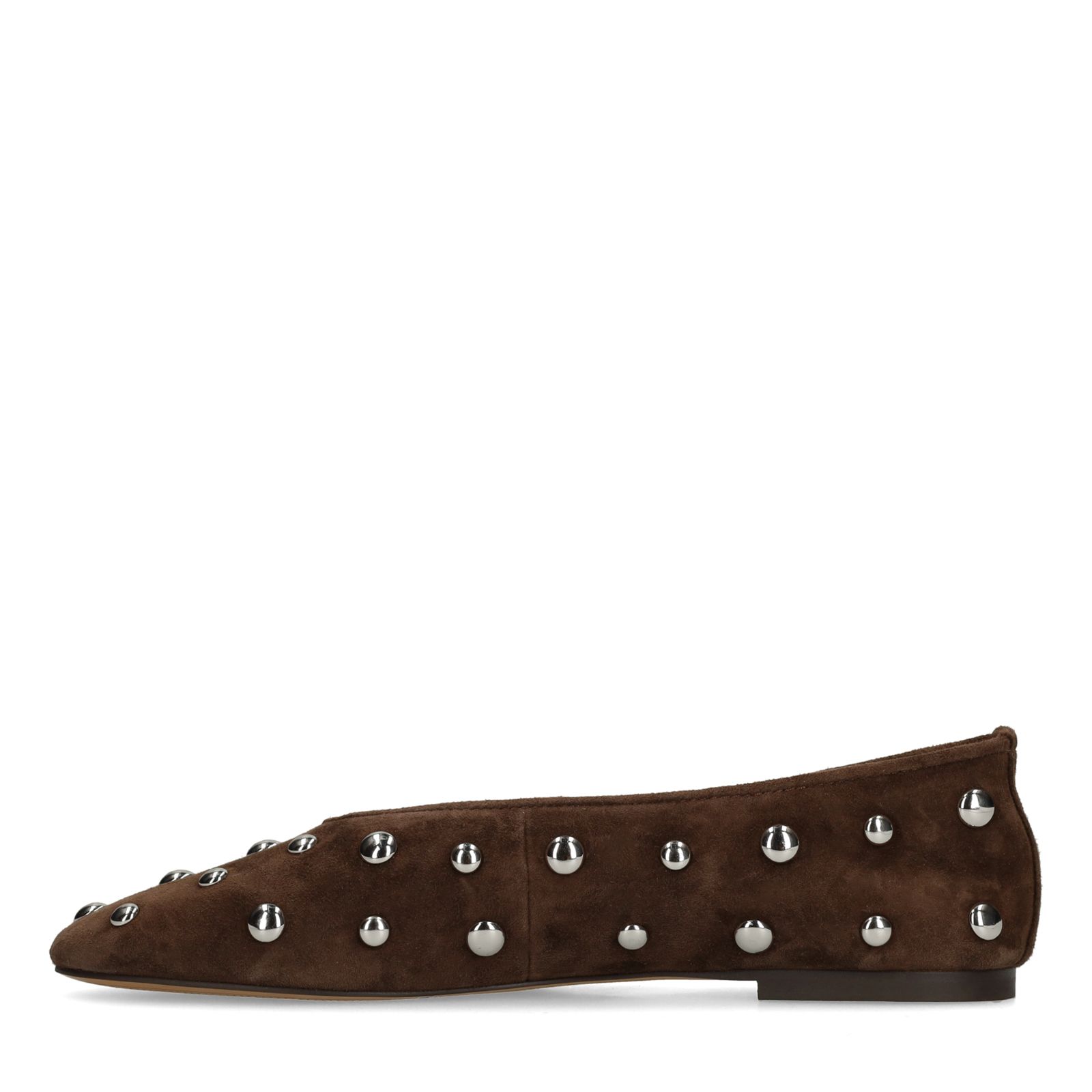 Donkerbruine suède ballerina's met zilveren studs