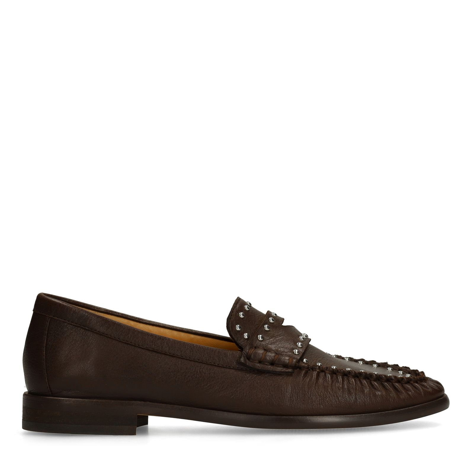 Bruine leren loafers met zilverkleurige studs