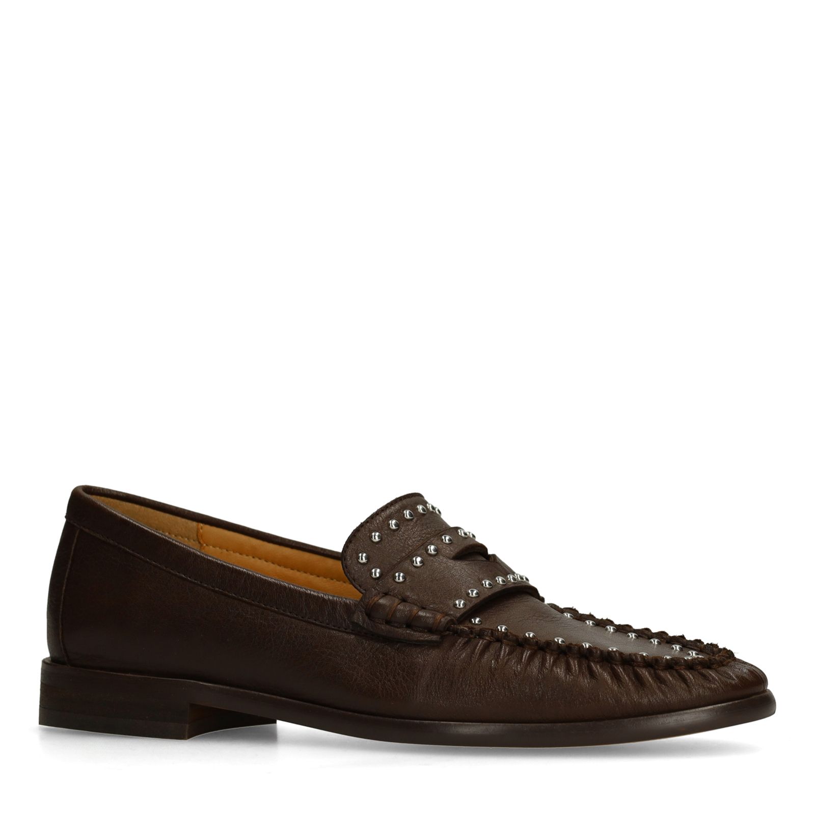 Bruine leren loafers met zilverkleurige studs