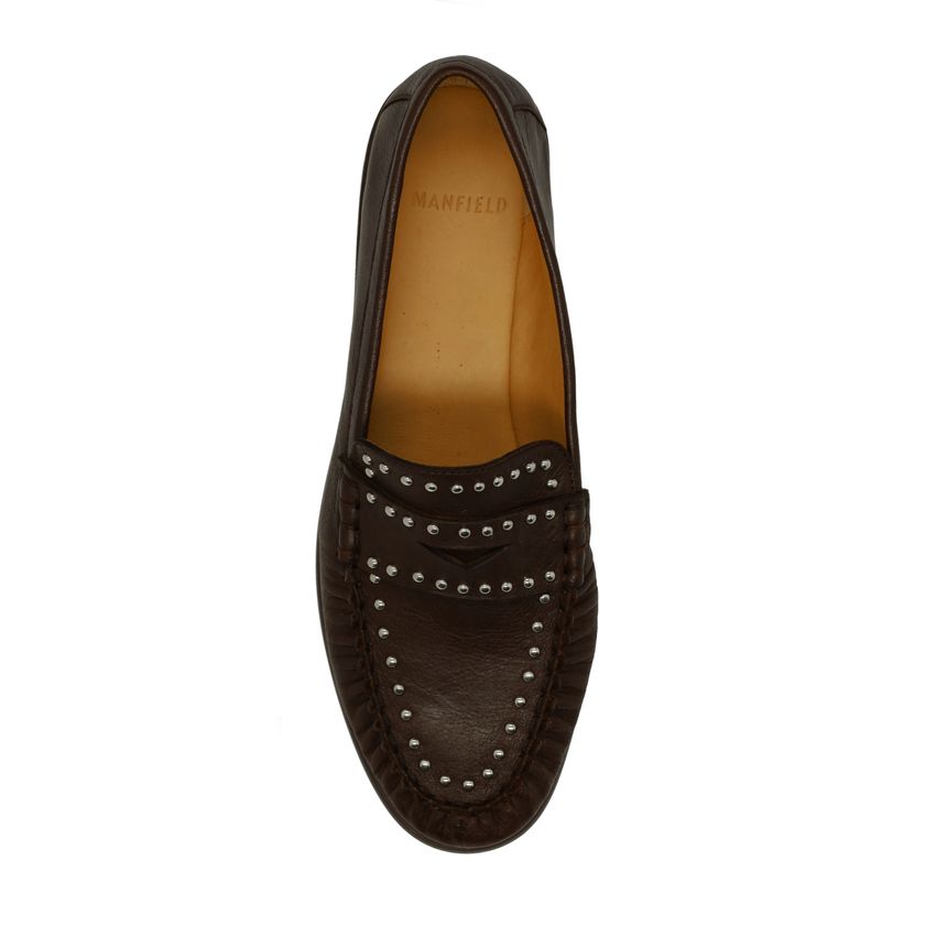 Bruine leren loafers met zilverkleurige studs