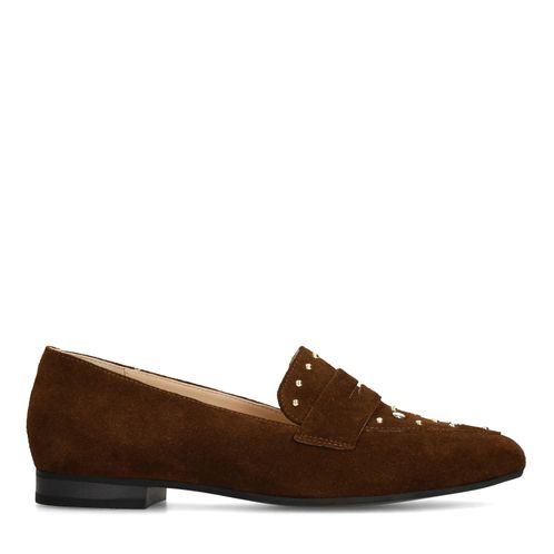 Dunkelbraune Veloursleder-Loafer mit goldfarbenen Nieten