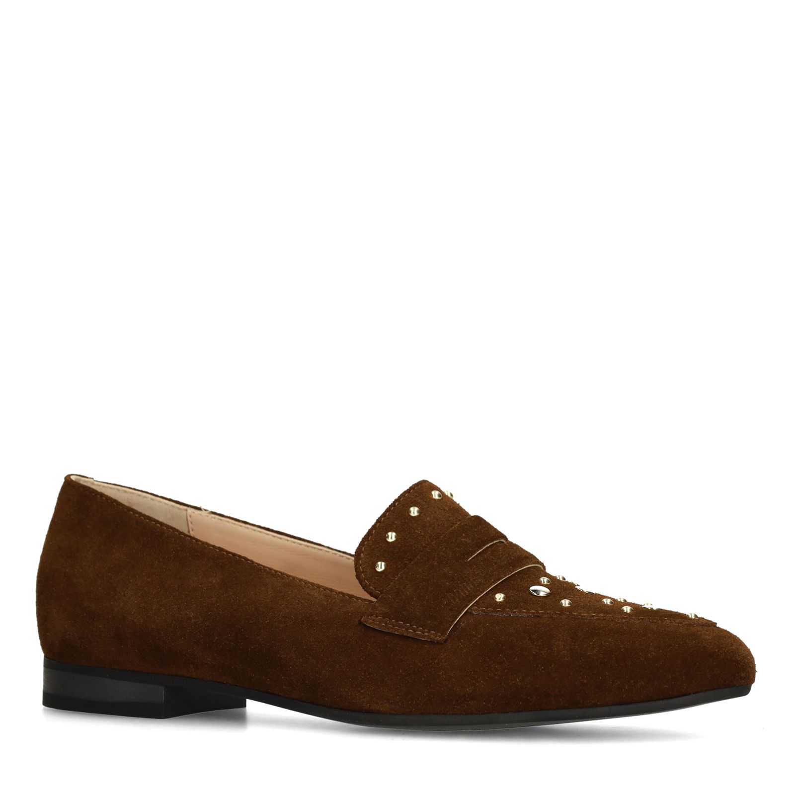 Donkerbruine suède loafers met gouden studs