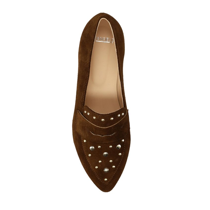 Dunkelbraune Veloursleder-Loafer mit goldfarbenen Nieten