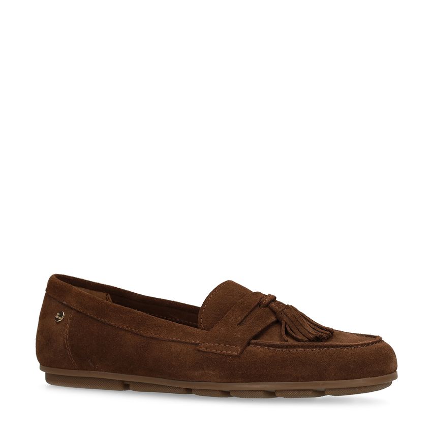 Bruine suède loafers met franjes