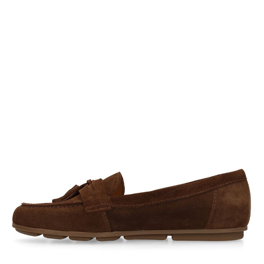 Bruine suède loafers met franjes