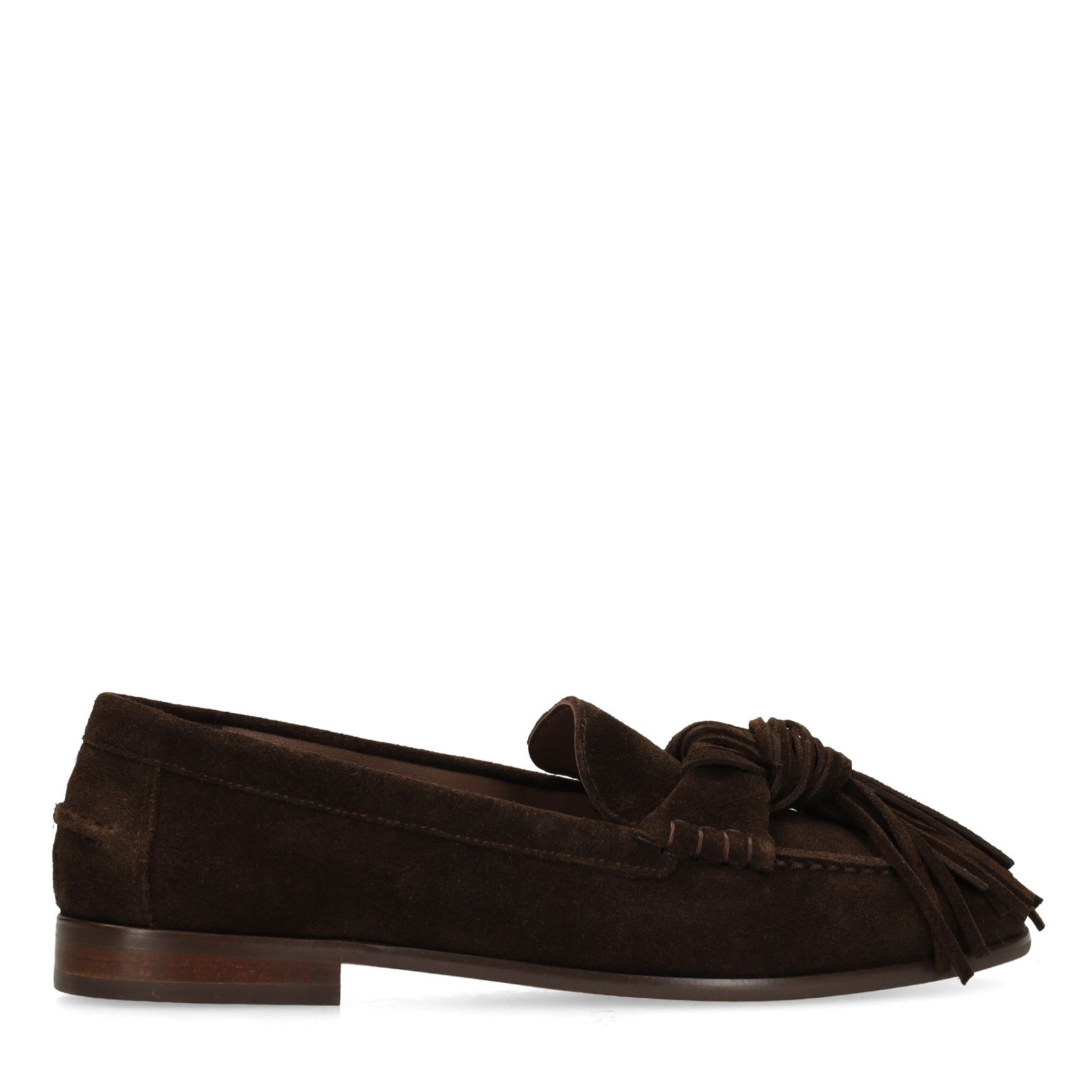 Dunkelbraune Veloursleder-Loafer mit Fransen