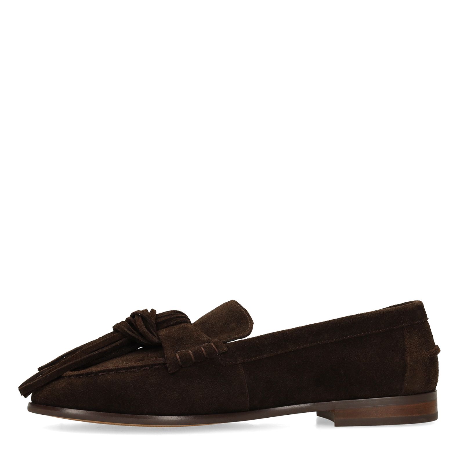 Dunkelbraune Veloursleder-Loafer mit Fransen