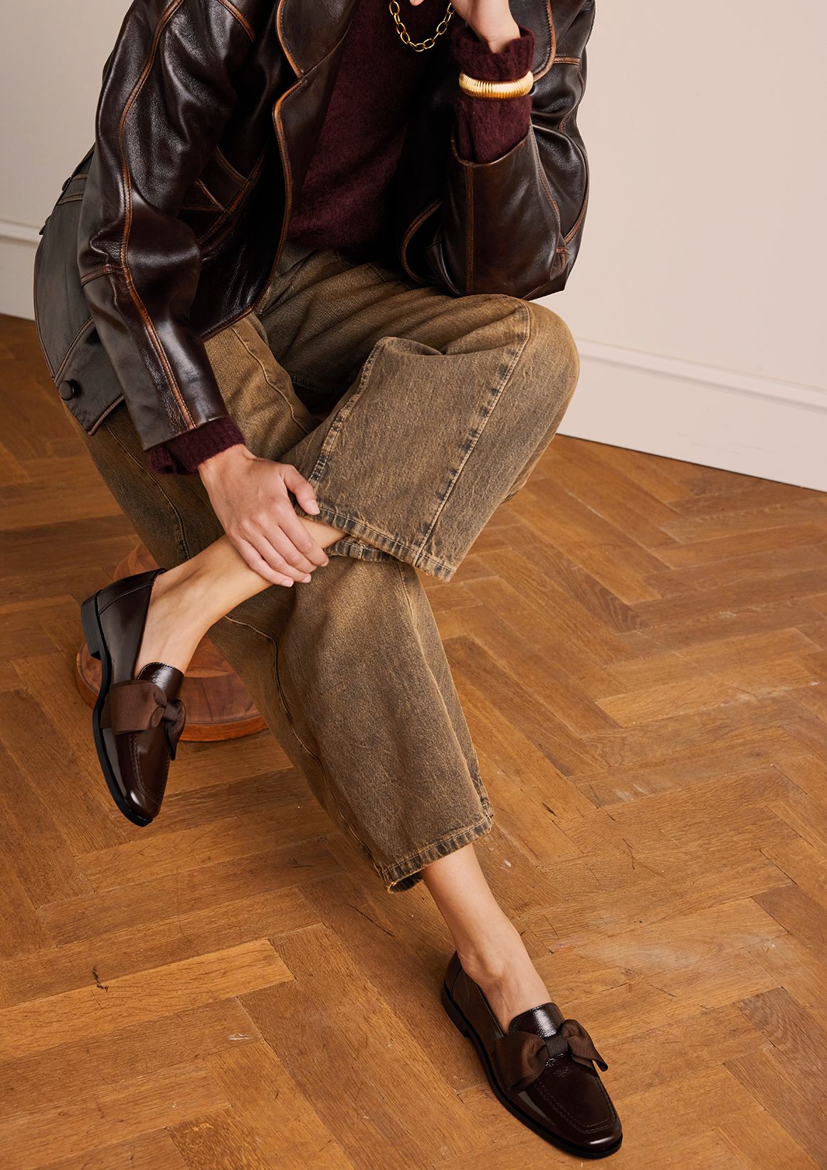 Bruine lakleren loafers met strik