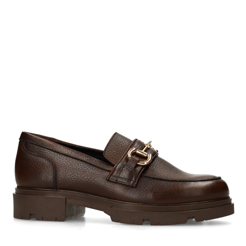 Donkerbruine leren loafers met gouden chain
