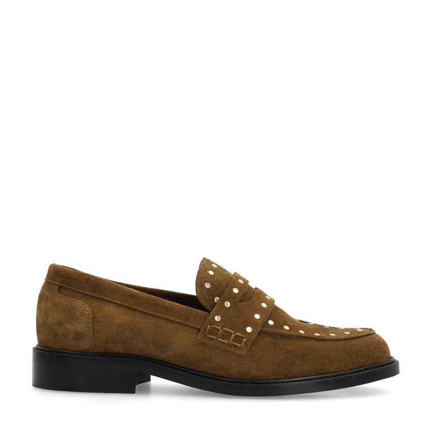 Braune Veloursleder-Loafer mit goldfarbenen Nieten