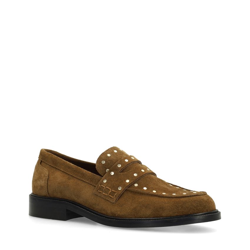 Bruine suède loafers met goudkleurige studs
