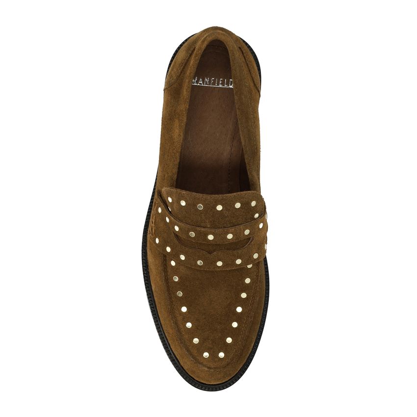 Bruine suède loafers met goudkleurige studs