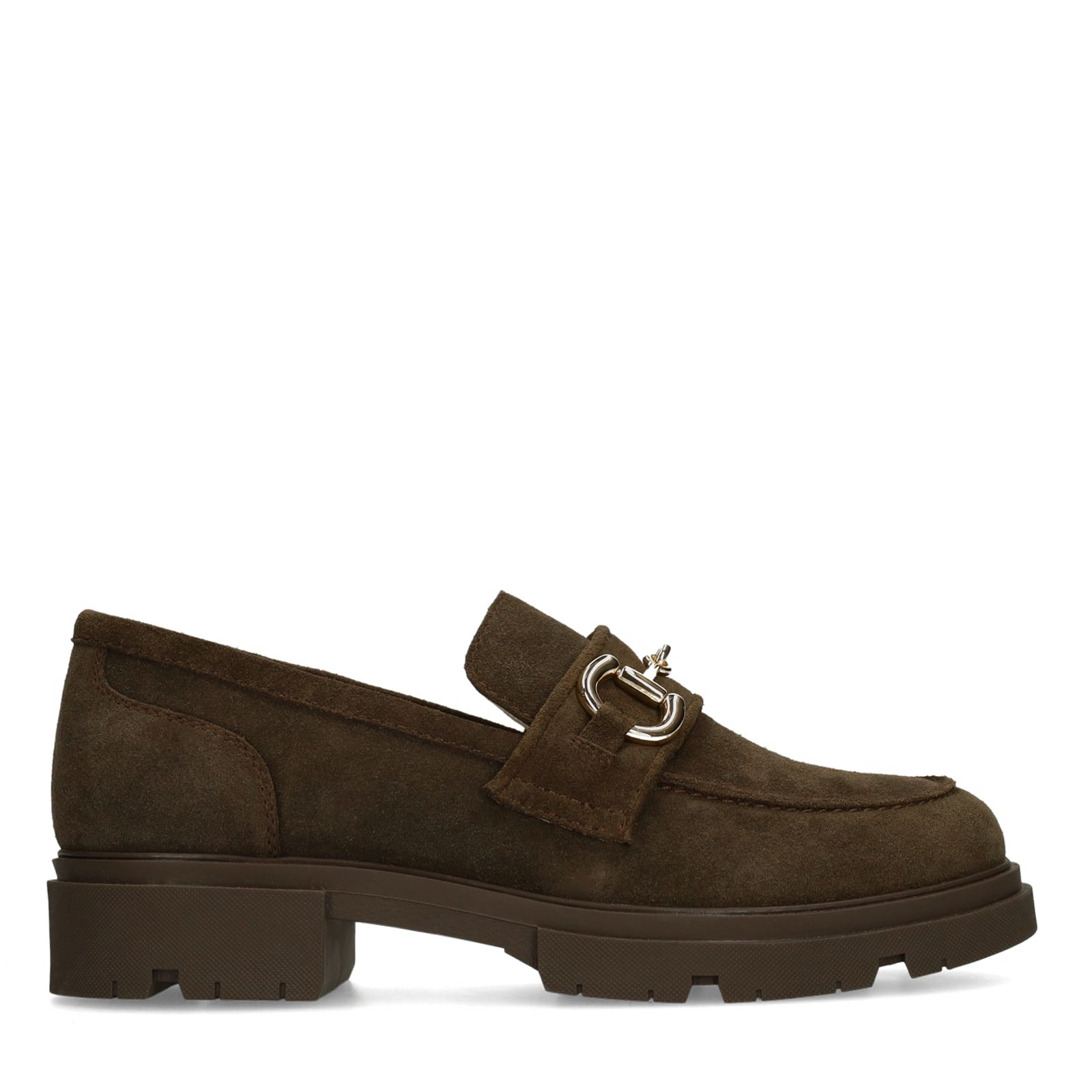 Bruine suède loafers met goudkleurig detail