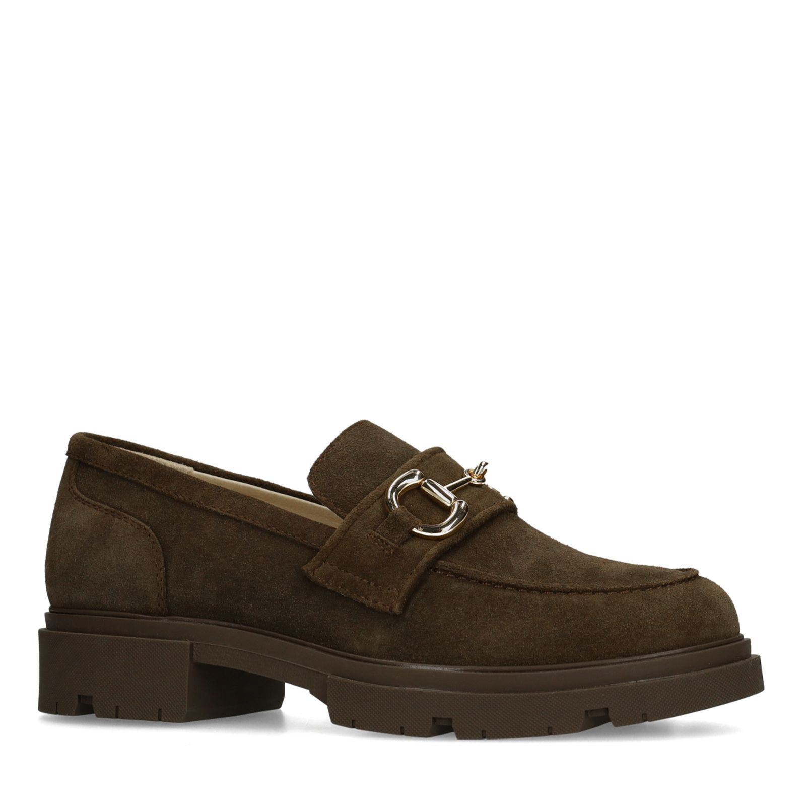Bruine suède loafers met goudkleurig detail