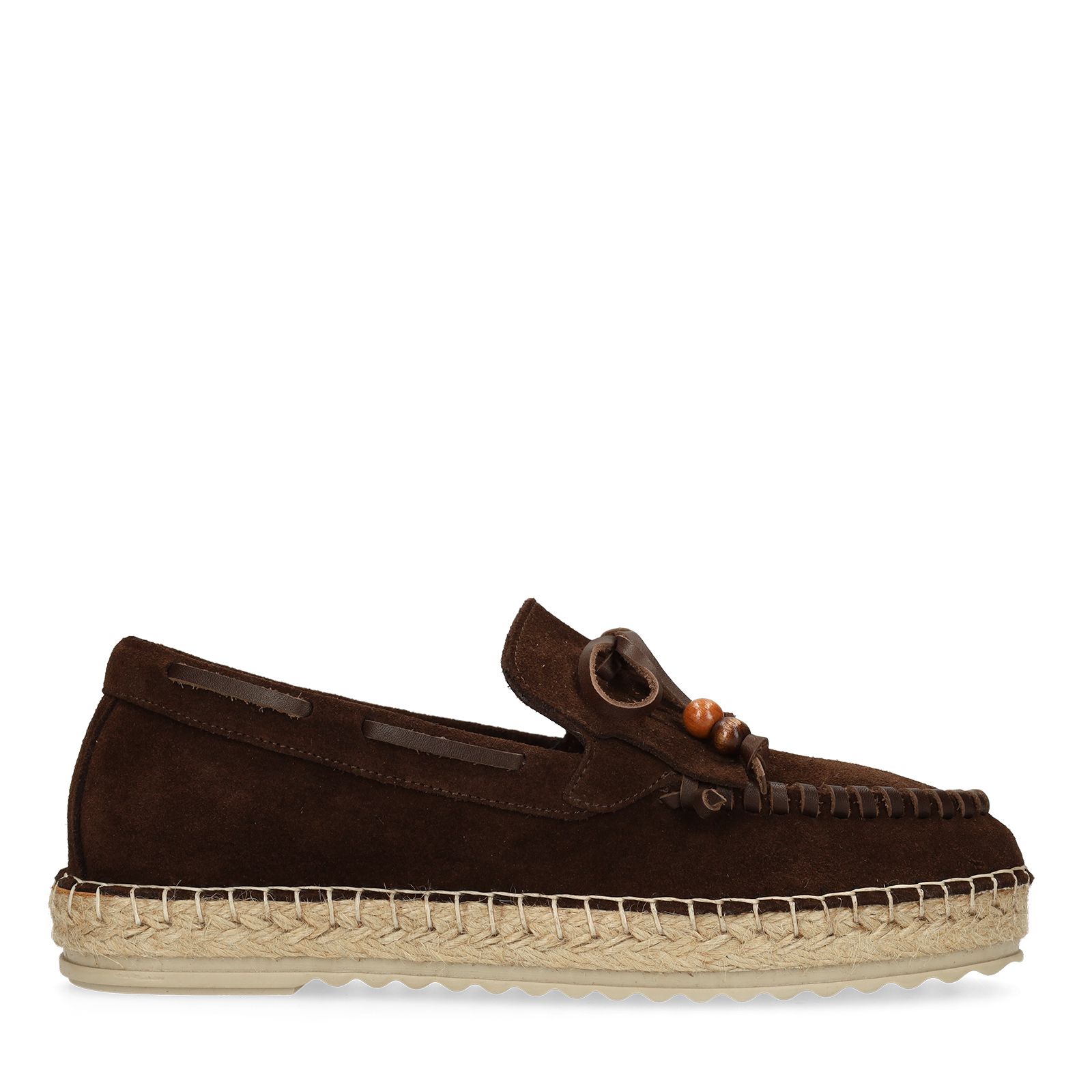 Bruine suède espadrilles met franjes