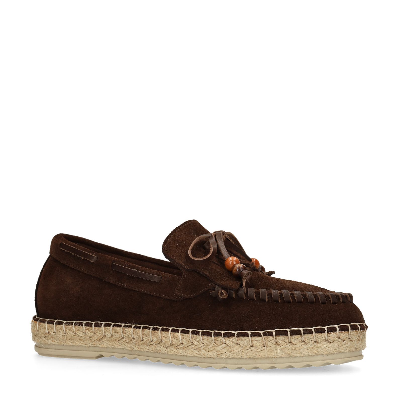 Bruine suède espadrilles met franjes
