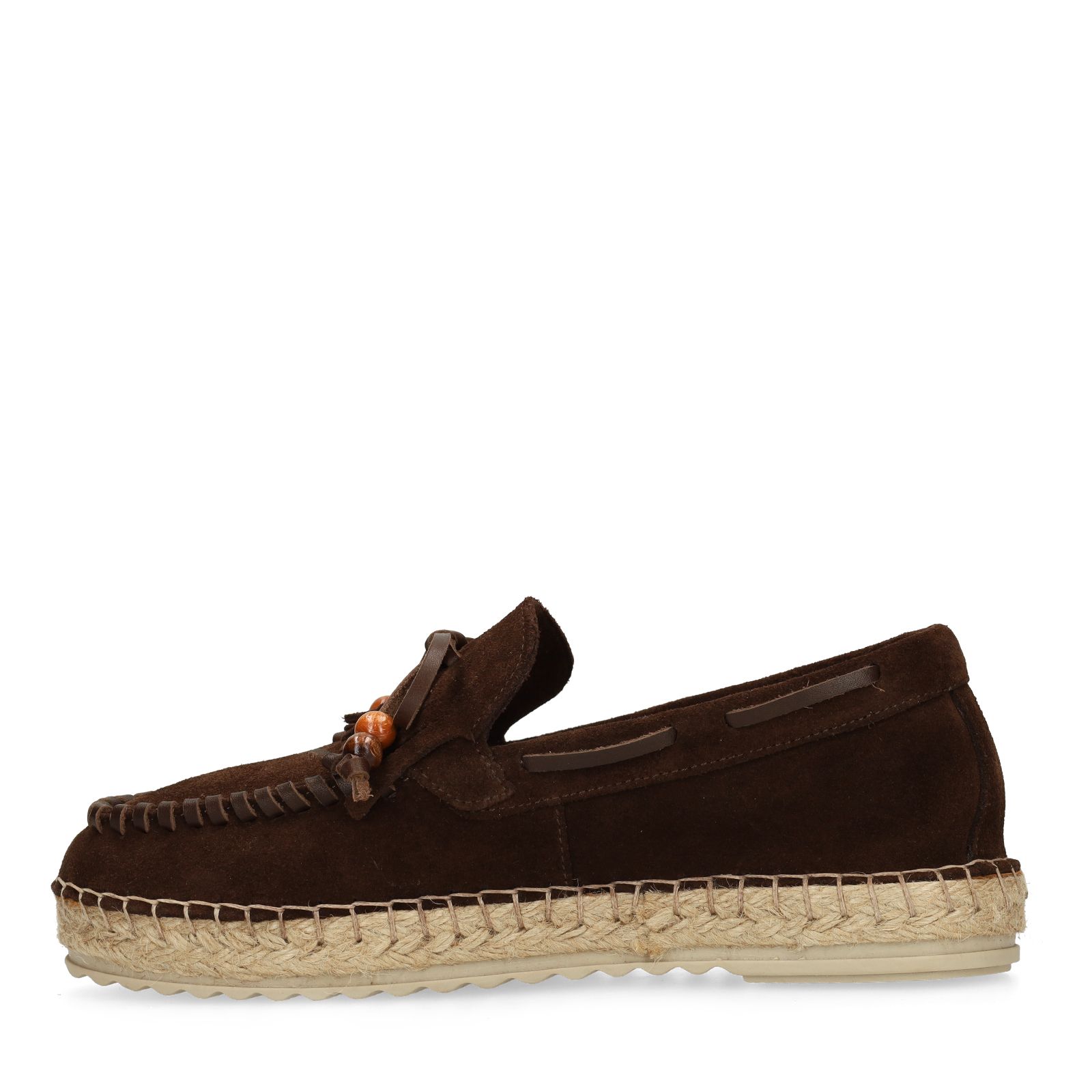 Bruine suède espadrilles met franjes