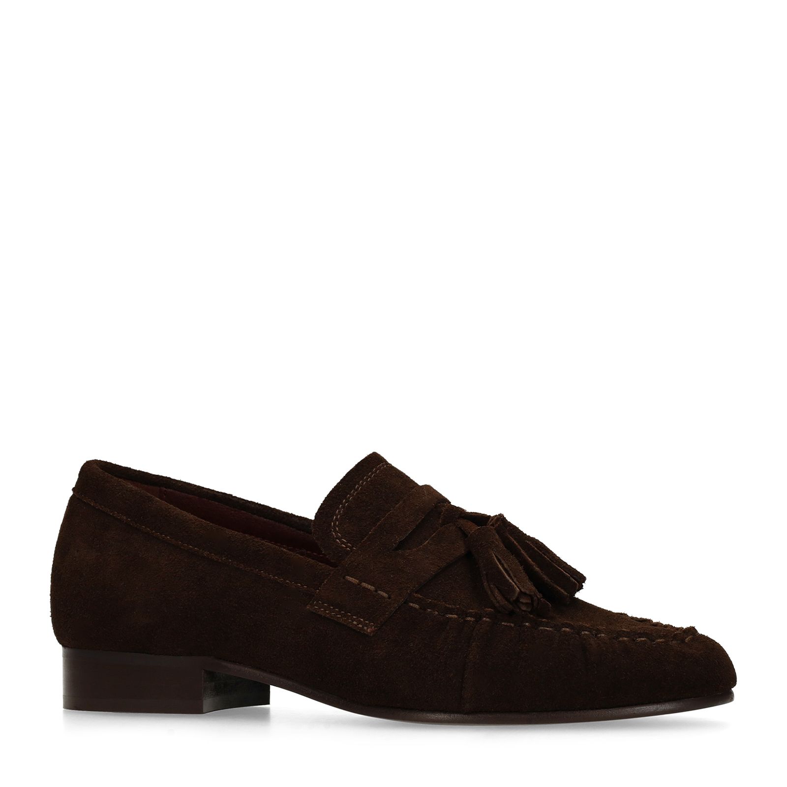 Dunkelbraune Veloursleder-Loafer mit Quasten